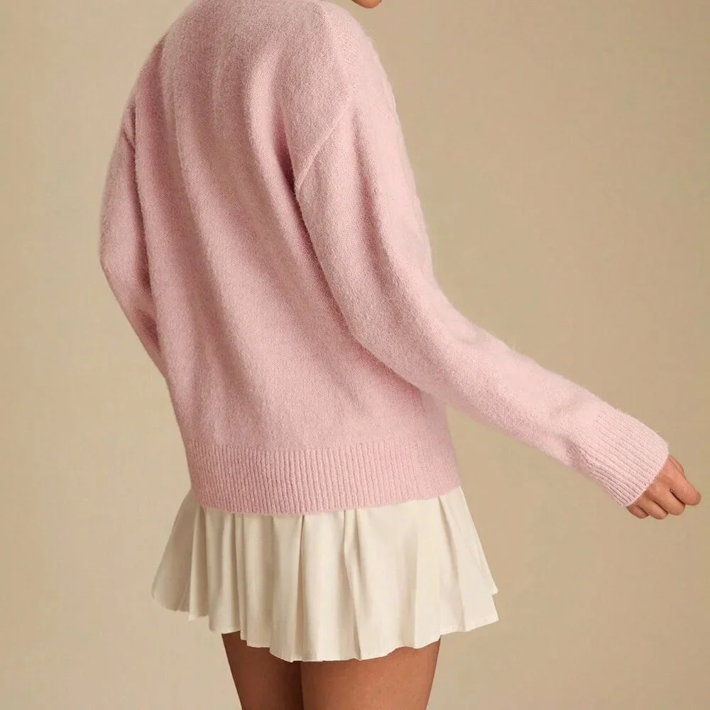 Pink Romantic Women's Pastel 3D Flowers Embroidered Long Sleeve Cute Sweater